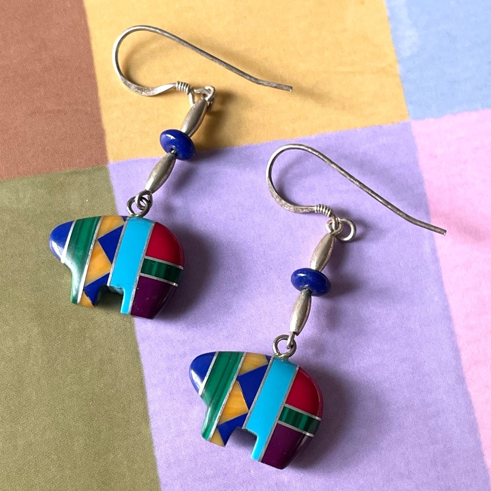 Vtg stamped 925 sterling silver Southwestern inlay fetish bear dangle earrings - Picture 7 of 10